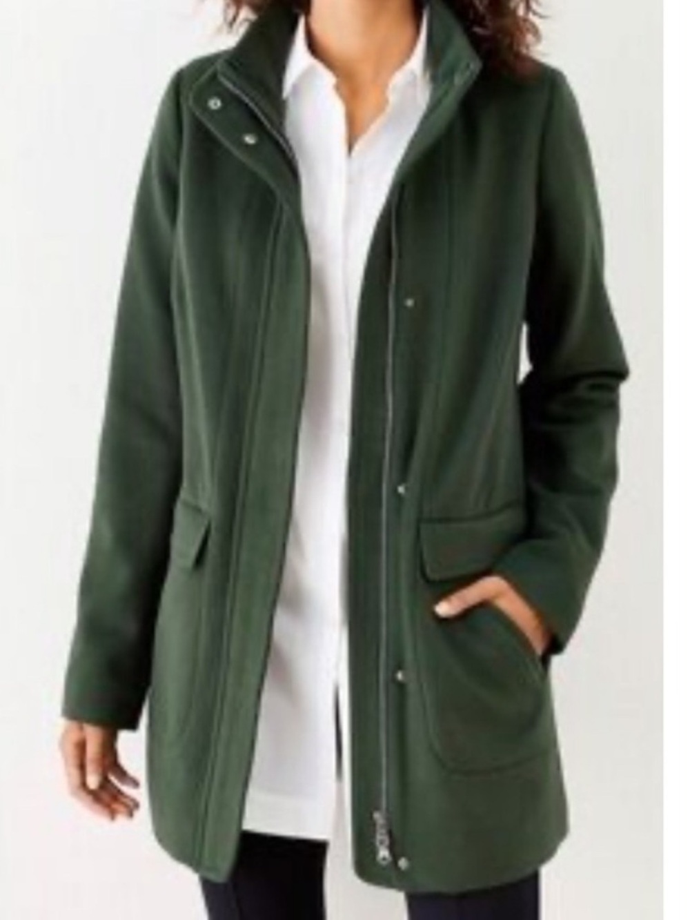J Jill Green Winter Over Coat Sz Sm Zip Funnel Neck Classic EUC PREPPY